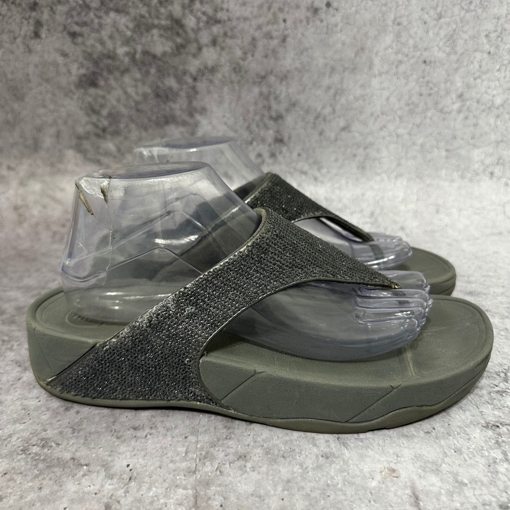 FitFlop Lulu Thong Sandals Womens Size 9 Gray Glitter Shimmerglitz Wedge Comfort